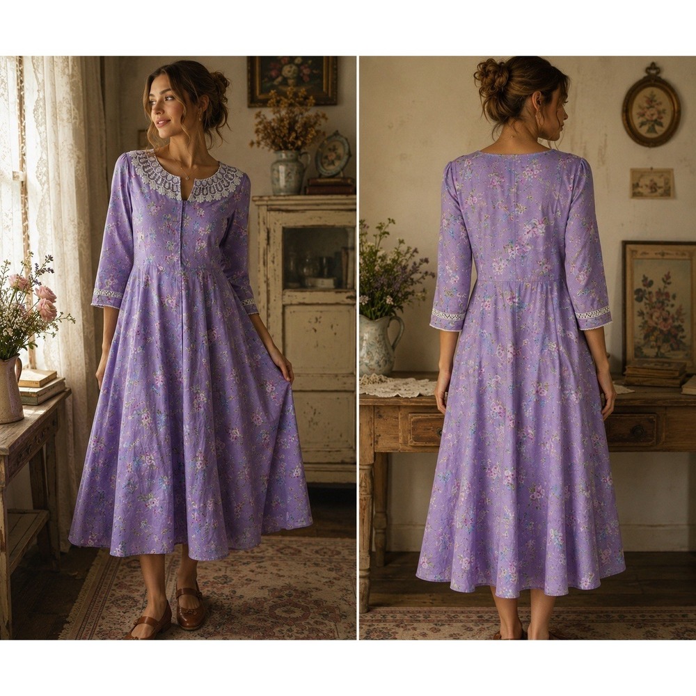 Baroque Womens Small Lavender Floral Midi Dress Lace Collar Cottagecore Boho